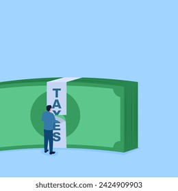 Hombre cortando yeso de impuestos que está en un montón de dinero, metáfora de la deducción de impuestos. Ilustración conceptual plana simple.