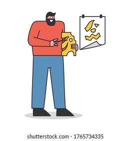 Man cutting paper and making abstract applique. Handmade artwork and creative hobby concept. Male cartoon character glueing paper collage. Flat vector illustration