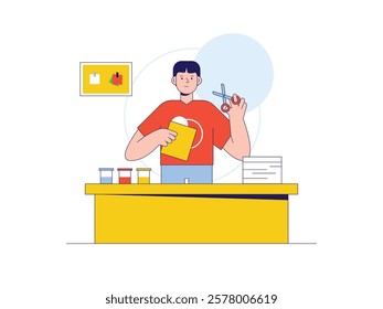 Man is cutting paper, making crafts. Character design. Vector flat illustration