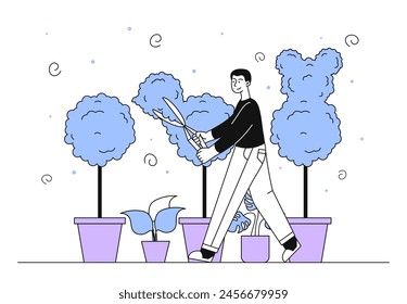 Man cutting plants linear. Young guy with large scissors near bushes and trees in flowerpots. Garden and backyard. Gardening and agriculture, rural village. Doodle flat vector illustration