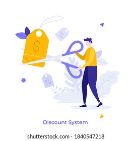 Man cutting price tag with scissors. Concept of discount system, loyalty program for customers, seasonal sale, shop coupon or voucher. Modern flat colorful vector illustration for poster, banner.