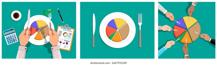 Homem cortando e compartilhando gráfico de pizza com os outros. Análise de dados de negócios e conceito de distribuição de participação no mercado. Gráfico para relatórios financeiros.