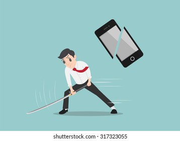 Man cutting a Smartphone with a Samurai Sword, Breaking Smartphone Addiction concept