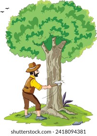 A man cutting a tree with an axe