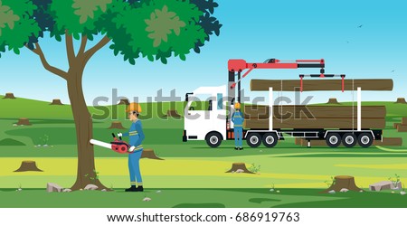 Man cutting tree using electric saw with tree truck