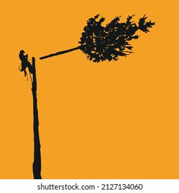 Man cutting tree with yellow background