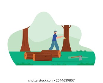 Man is cutting trees in the forest, illegal logging. Character design. Vector flat illustration