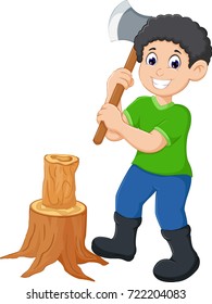a man cutting trees use ax cartoon with smiling