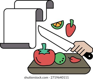 A man is cutting vegetables on a cutting board. The vegetables include a tomato, an orange, and a pepper. Concept of preparing a meal and emphasizes the importance of using fresh ingredients
