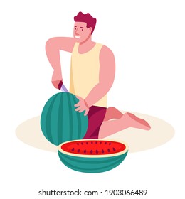 A man is cutting a watermelon. Vector illustration in flat cartoon style. Isolated on a white background.