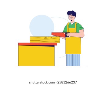 Man cutting wood block using saw, craftsman. Character design. Vector flat illustration