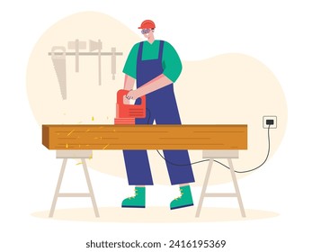 Man cutting wood with electric jigsaw machine, handyman wearing protective gear. Character design. Vector flat illustration