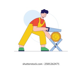 Man cutting wood with saw, craftsman. Character design. Vector flat illustration