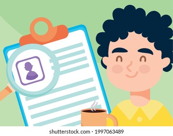 Mann mit CV-Lehrplan Lupe und Kaffee von virtuellem Job