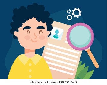 Mann mit cv-Lehrplan und Lupe eines virtuellen Jobs