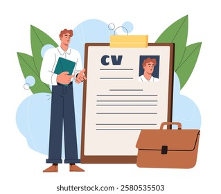 Man with cv. Young guy near resume. Employee with briefcase near clipboard with curriculum vitae. Hiring and employment, recruitment and headhunting. Flat vector illustration