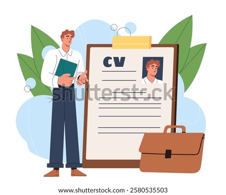 Man with cv. Young guy near resume. Employee with briefcase near clipboard with curriculum vitae. Hiring and employment, recruitment and headhunting. Flat vector illustration
