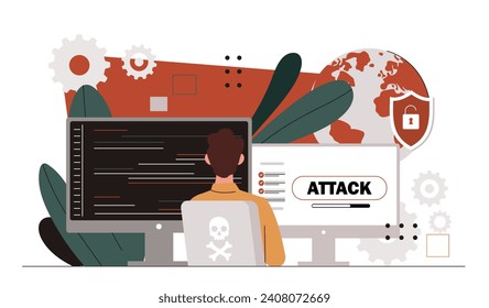 Man with cyber attack. Young guy write code. Programmer and IT specialist develop antivirus. Security and personal data protection. Cartoon flat vector illustration isolated on white background