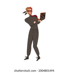 Man Cybercriminal Wearing Black Mask Committing Network and Computer Crime Harming Security and Financial Health Vector Illustration