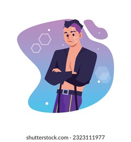 Man in cyberpunk style with face implants, flat vector illustration isolated on white background. Futuristic person in neon lights. Concepts of augmentation and cybernetic technologies.