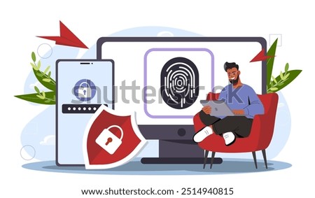 Man with cybersecurity technology. Young guy with fingerprint on computer screen. Security and protection of personal data. Authorization and authentication. Flat vector illustration
