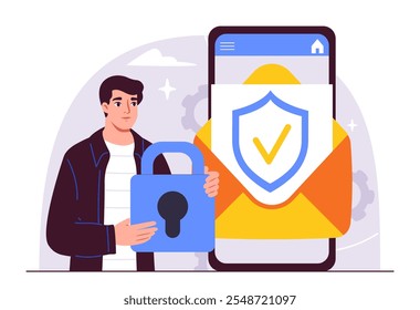 Hombre con ciberseguridad. Joven con cerradura en las manos cerca de un enorme teléfono inteligente. Seguridad y protección, protección de datos personales. Firewall y antivirus. Ilustración vectorial plana aislada sobre fondo blanco