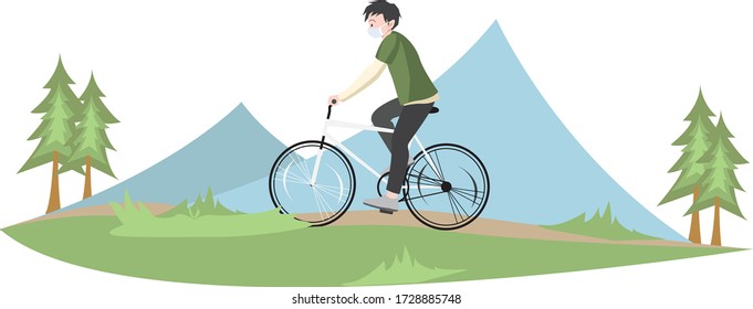 A man cycling alone outside while using medical mask
