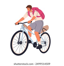 Man cycling with backpack. Happy male tourist, bike ride, enjoying travel, adventure, outdoor trip. Person traveler in helmet on bicycle. Flat vector illustration isolated on white background