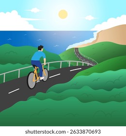 A man is cycling to the beautiful beach