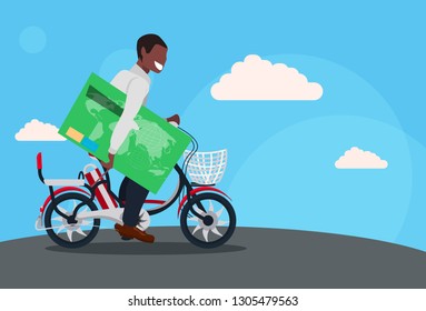 man cycling bicycle holding credit card with chip electronic payment concept african american guy riding bike male cartoon character full length horizontal flat