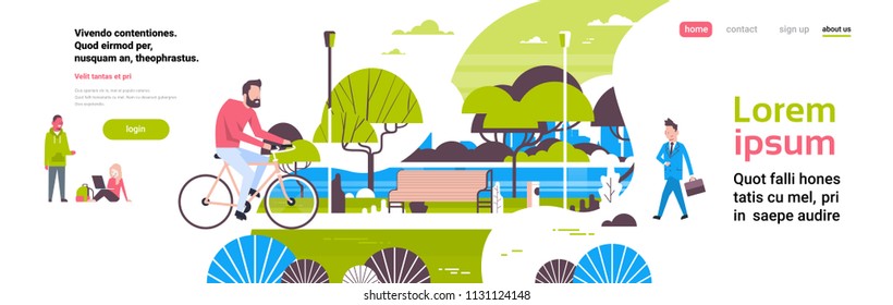 man cycling bike city park people activities green lawn trees wooden bench river landscape background copy space banner flat vector illustration