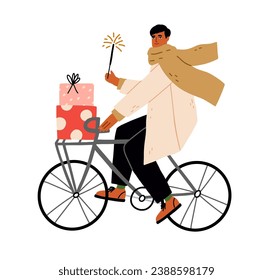 Man cycling Christmas bicycle, carrying gifts, present boxes. Happy person on bike, celebrating winter holiday with present boxes. Flat graphic vector illustration isolated on white background