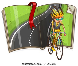 Man cycling and empty road in the book illustration
