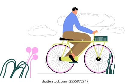 Man cycling, enjoying bicycle travel. Person riding bike, eco-friendly green transport.Flat vector illustration isolated on white background.