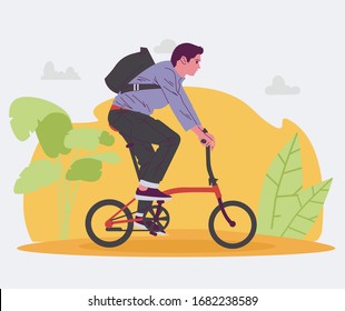 Man cycling with folded bike Vector illustration