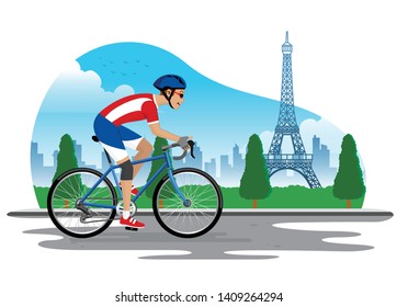 man cycling in france with eiffel tower background