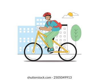 El hombre está en bicicleta con casco y mochila, vida saludable en la ciudad. Diseño de personajes. Ilustración plana de Vector