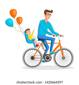 Man cycling with his boy. Kid sitting on bike safe seats in back art