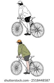 Hombre ciclismo, movimiento y velocidad. Ilustración de color dibujado a mano.