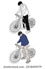 Homem pedalando, movendo e acelerando. Ilustração de cor desenhada à mão.