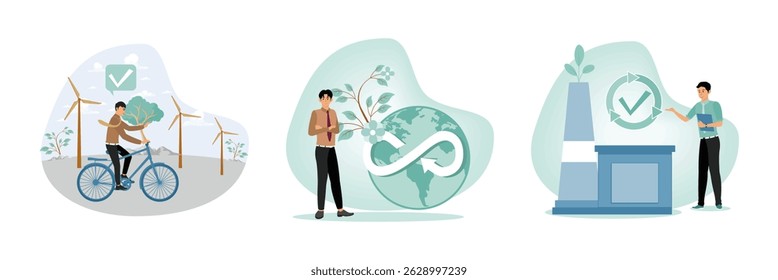 Um homem pedalando perto de turbinas eólicas, simbolizando energia renovável, sustentabilidade e vida ecológica. Um símbolo do infinito global e um indivíduo pensativo.  Um homem mostrando a indústria sustentável.