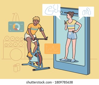 A man is cycling, and next to him is a female trainer talking in a large mobile. hand drawn style vector design illustrations. 