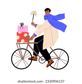Man cycling on Christmas holiday. Person riding bicycle with gift boxes, holding sparkler after Xmas eve shopping on winter season vacation. Flat vector illustration isolated on white background