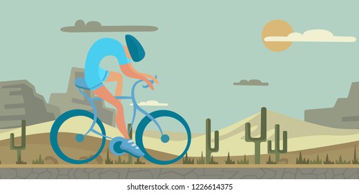 Man cycling on desert background. Abstract shaped figure on realistic landscape. Flat vector ilustration, horizontal.