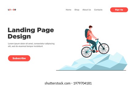 Man cycling on mountain bicycle. Tourist, nature, backpack flat vector illustration. Active lifestyle and extreme sport concept for banner, website design or landing web page