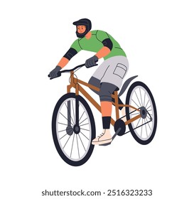 Homem andando de bicicleta na montanha. Ciclista masculino ativo em capacete de segurança em aventura ao ar livre, passeio de bicicleta, atividade esportiva. Pedalando rápido motociclista. Ilustração de vetor plano isolada no plano de fundo branco