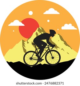 A man cycling on road through the hills in the sunset time.