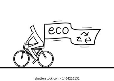 A man is cycling on the way with an eco flag for saving energy campaign.