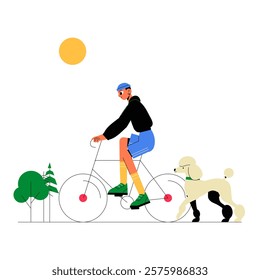 Man Cycling Outdoors With Poodle On A Leash In Flat Vector Illustration Symbolizing Exercise, Outdoor Activity, And Dog Walking, Isolated On White Background.