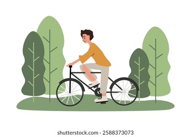 Man cycling in the park. Man ride bicycle. People cycling. Teenager cycling. Man cycling illustration. People doing workout. People doing sport. Spring season. Summer time. Leisure time. Bicycle.